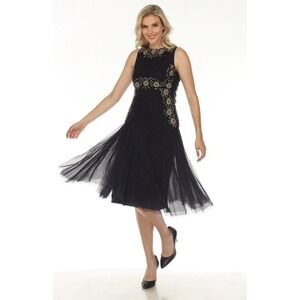 Johnny Was Golden Flower Navy Embellished Mesh Dress 6 Boho Whimsigoth Fairy